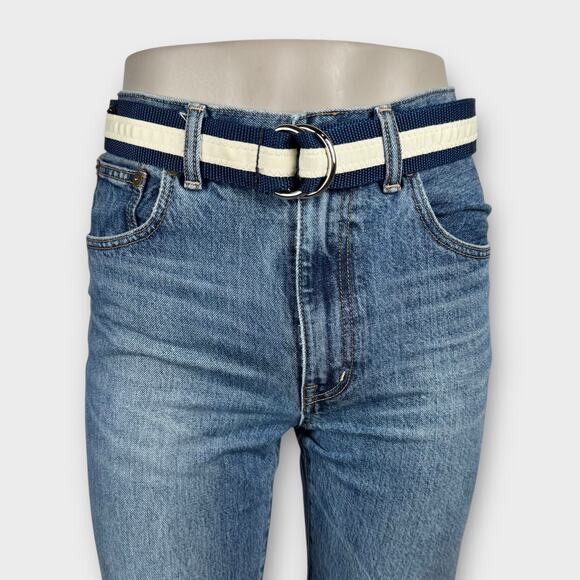 American VTG Y2K Blue and White Fabric Striped Belt with Metal Buckle - Picture 2 of 9